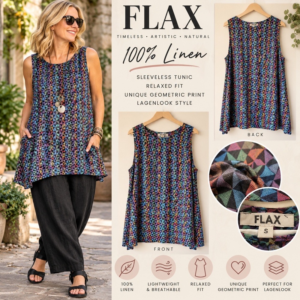 FLAX Womens S 100% Linen Geometric Triangle Print Sleeveless Tunic Top Lagenlook